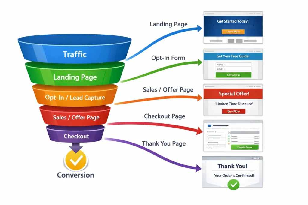 Conversion funnel flow showing landing page, lead capture, sales page, checkout and thank you page