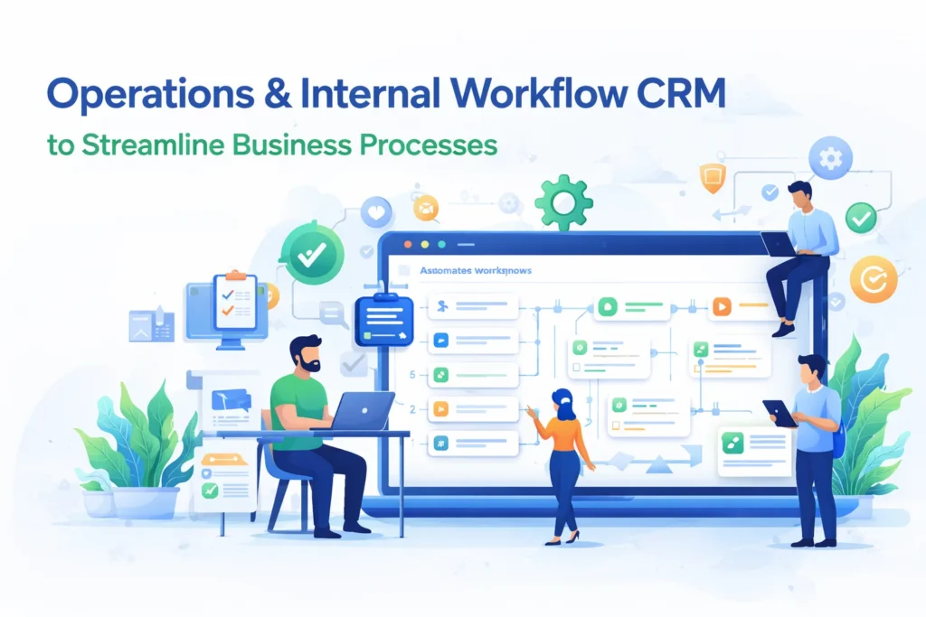 Operations and internal workflow CRM illustration showing automated task flows, approvals, team collaboration, and process tracking dashboard