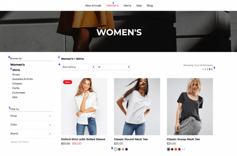 eCommerce product listing page displaying categories and product grid layout
