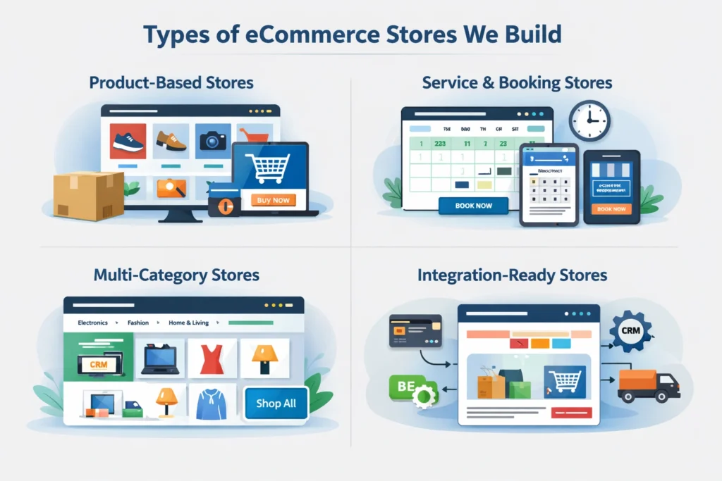 Infographic showing types of ecommerce stores including product-based stores, service and booking stores, multi-category stores, and integration-ready ecommerce platforms