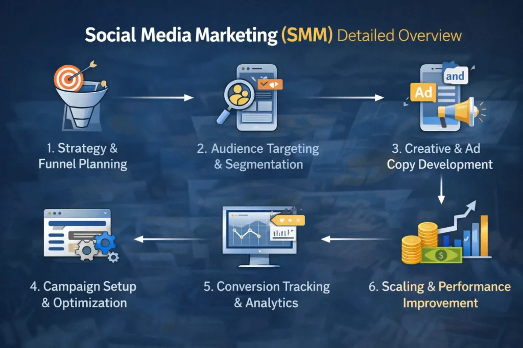 Social media marketing process illustration showing strategy planning, audience targeting, ad creative development, campaign optimization, conversion tracking, and performance scaling